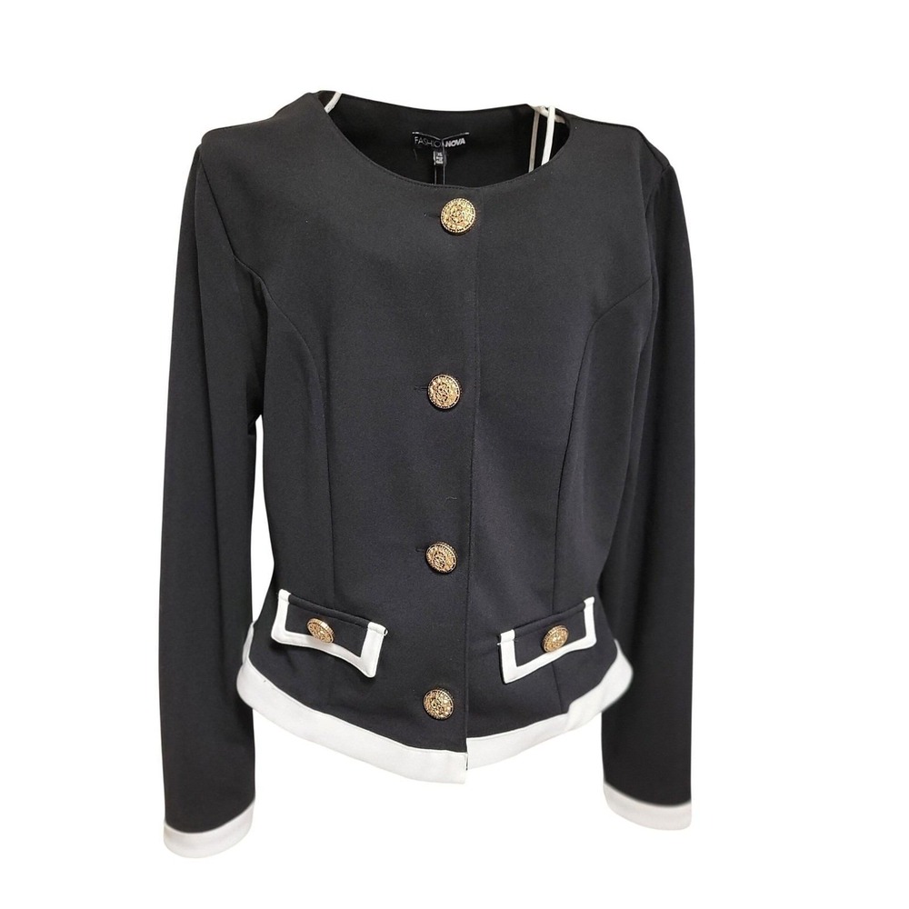 Fashion‎ Nova Black/White Blazer Bolaro Jr XL Structured CHIC Gold Button Detail